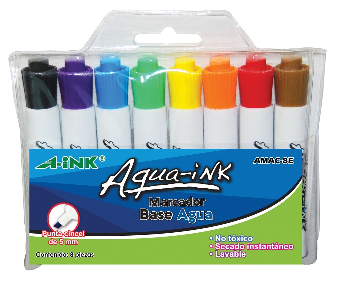 MARCADOR BASE AGUA 8 COLORES A-INK